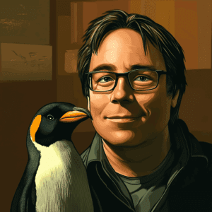 Portrét - umelecké stvárnenie podoby Linusa Torvaldsa, tvorcu operačného systému Linux.