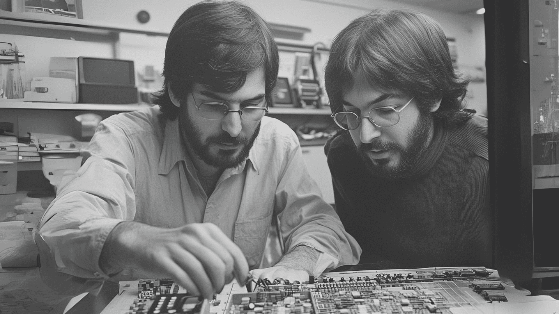 Steve Jobs a Steve Wozniak počas vývoja prvého počítača Apple.